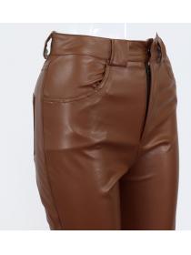 Outlet women's fashion Pockets PU Wrap hip fleece Straight cut leg pants leather pants