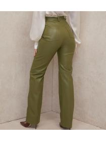 Outlet women's fashion Pockets PU Wrap hip fleece Straight cut leg pants leather pants