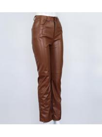 Outlet women's fashion Pockets PU Wrap hip fleece Straight cut leg pants leather pants