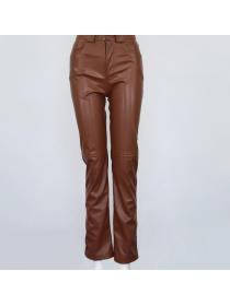 Outlet women's fashion Pockets PU Wrap hip fleece Straight cut leg pants leather pants