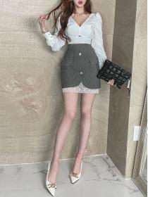 On Sale Pure Color Fashion Top+Slim Stripe Fashion Skirt 