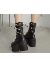 Outlet Chunky heel high-heel rivet Round-toe Martin boots for women