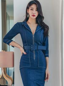Korean Style OL  Style  Zipper Matching Show Waist Dress