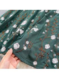 Outlet V-neck pleated embroidery dress slimming fall dress women's bottom skirt