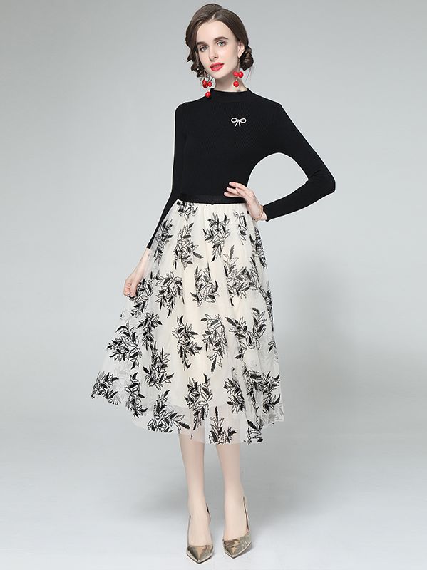 On Sale Pure Color Slim Top+Embroidery  Tall Waist Skirt