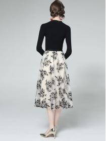 On Sale Pure Color Slim Top+Embroidery  Tall Waist Skirt 
