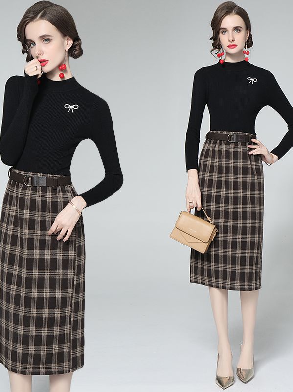 On Sale Stand Collars Top+Grid Printing Fashion Skirt