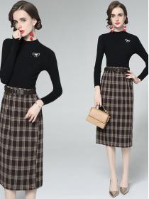 On Sale Stand Collars Top+Grid Printing Fashion Skirt 
