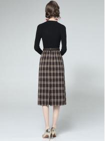 On Sale Stand Collars Top+Grid Printing Fashion Skirt 
