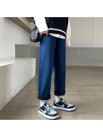 Outlet Autumn and winter loose cropped high-waist blue straight-leg jeans