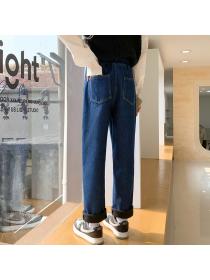 Outlet Autumn and winter loose cropped high-waist blue straight-leg jeans