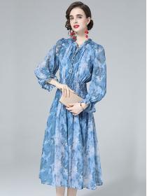 European Style Show Waist Printing Chiffon Dress