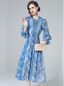 European Style Show Waist Printing Chiffon Dress