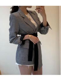 Outlet Color Matching Grid Printing Long Coat 