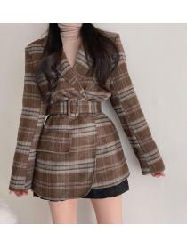 Outlet Color Matching Grid Printing Long Coat 