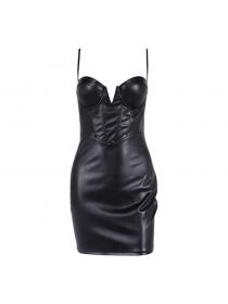 Outlet Hot style Sexy PU Fish bone Backless hip-wrap tube top leather dress