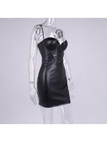 Outlet Hot style Sexy PU Fish bone Backless hip-wrap tube top leather dress