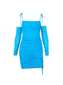 Outlet Hot style Autumn/winter new women's sexy mesh pleated Midi dress