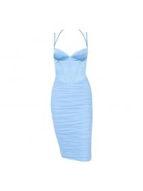 Outlet Hot style Elegant V-neck Mesh Satin Splice double layer Halter Bodycon dress