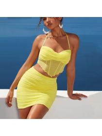 Outlet Hot style women's Casual mesh stitching halter top and short skirt two-piece suit