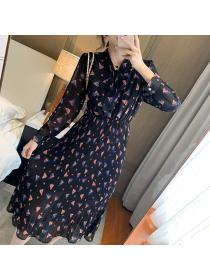 Outlet Autumn and winter mid-length bow pleated floral long-sleeved chiffon dress