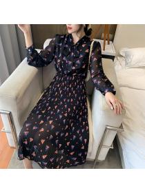 Outlet Autumn and winter mid-length bow pleated floral long-sleeved chiffon dress