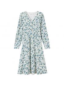 Outlet Long-sleeved chiffon floral French dress V-neck waistband A-line midi dress