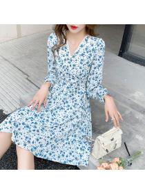 Outlet Long-sleeved chiffon floral French dress V-neck waistband A-line midi dress