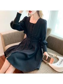 Outlet French style retro square-neck long-sleeved corduroy dress for winter