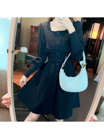 Outlet French style retro square-neck long-sleeved corduroy dress for winter 