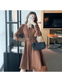 Outlet French style retro square-neck long-sleeved corduroy dress for winter 
