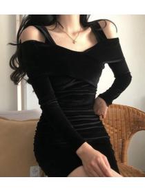 Korean Style Show Waist Dew Shoulder Sexy Dress