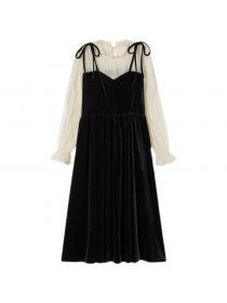 Outlet Velvet long-sleeved dress women's new high-waist fake two-piece Midi dress
