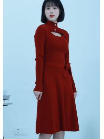 On Sale Hollow Out Pure Color Stand Collars Dress