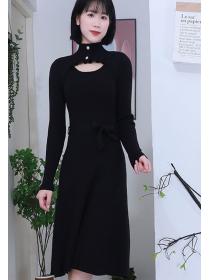 On Sale Hollow Out Pure Color Stand Collars Dress