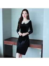 Outlet Autumn and winter new French style long skirt slit skirt Slim bottoming dress