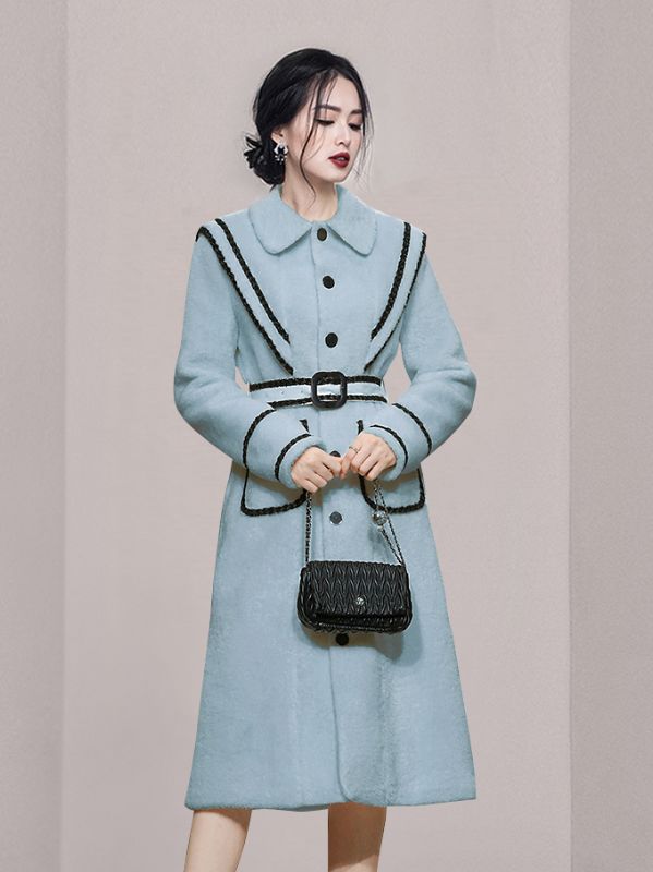 On Sale Color Matching Show Waist Long Coat