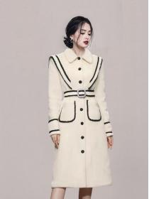 On Sale Color Matching Show Waist Long Coat 