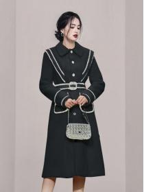 On Sale Color Matching Show Waist Long Coat 