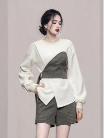 Outlet Grid Printing Show Waist Fashion Horn Sleeve Suits 