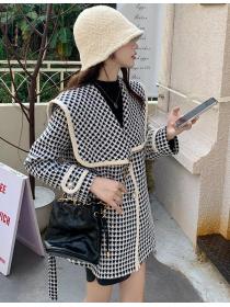Korean Style Grid Printing Show Waist Long Coat 