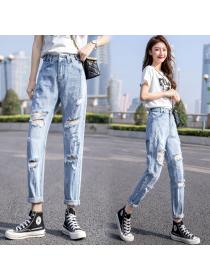 Outlet New style loose pierced frayed casual long cropped jeans women's Harlan pants