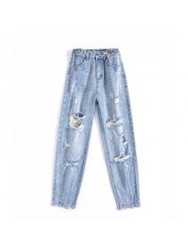 Outlet New style loose pierced frayed casual long cropped jeans women's Harlan pants