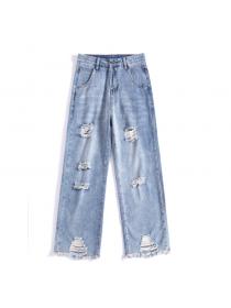 Outlet Spring new loose straight-leg wide-leg pants hollow frayed casual jeans