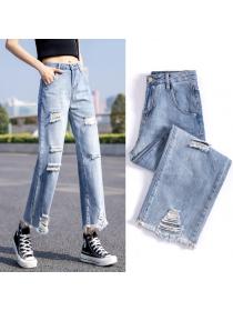 Outlet Spring new loose straight-leg wide-leg pants hollow frayed casual jeans