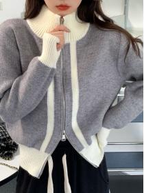 Outlet Color Matching Zipper  Short Knitting Top 