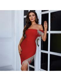 Outlet winter ladies high-waist off-shoulder wrap-chest club Tassel split dress
