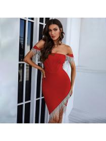 Outlet winter ladies high-waist off-shoulder wrap-chest club Tassel split dress