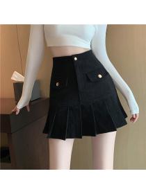 Outlet Korean style high waist slim corduroy pleated a-line skirt