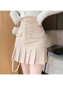 Outlet Korean style high waist slim corduroy pleated a-line skirt